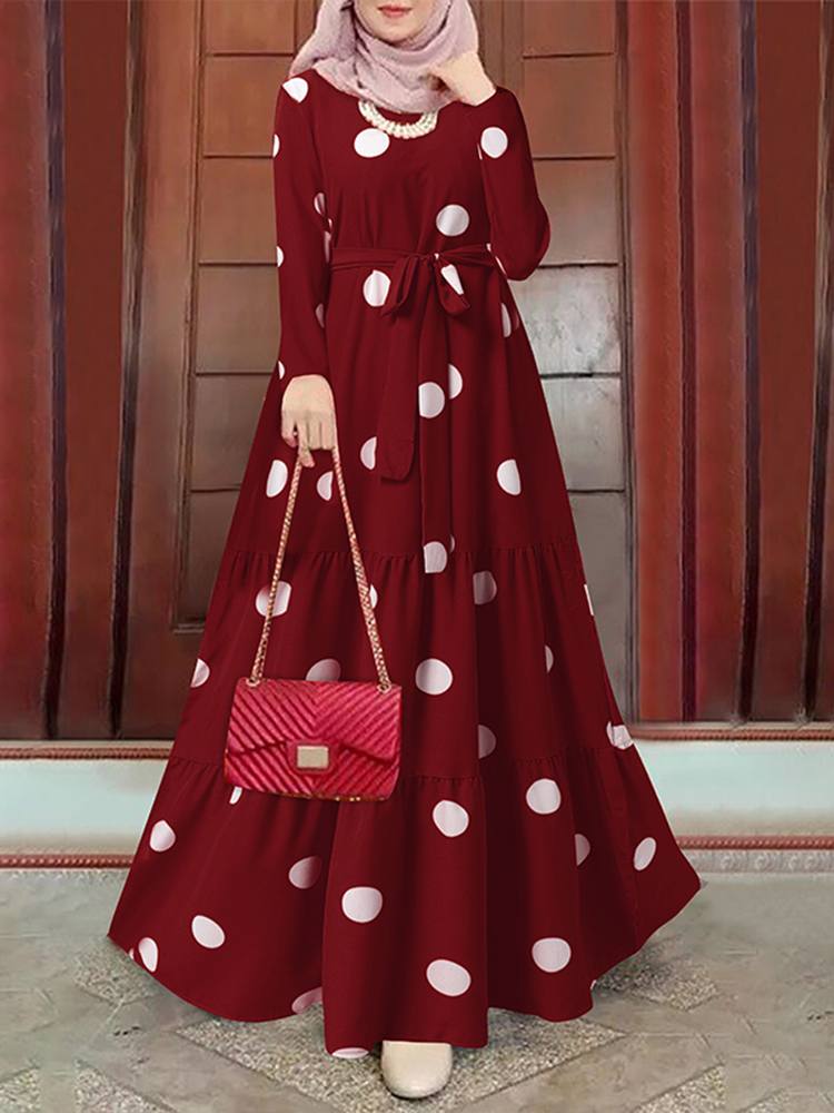 Long Sleeved Polka Dots Printed Long Dress - Panjeribakery