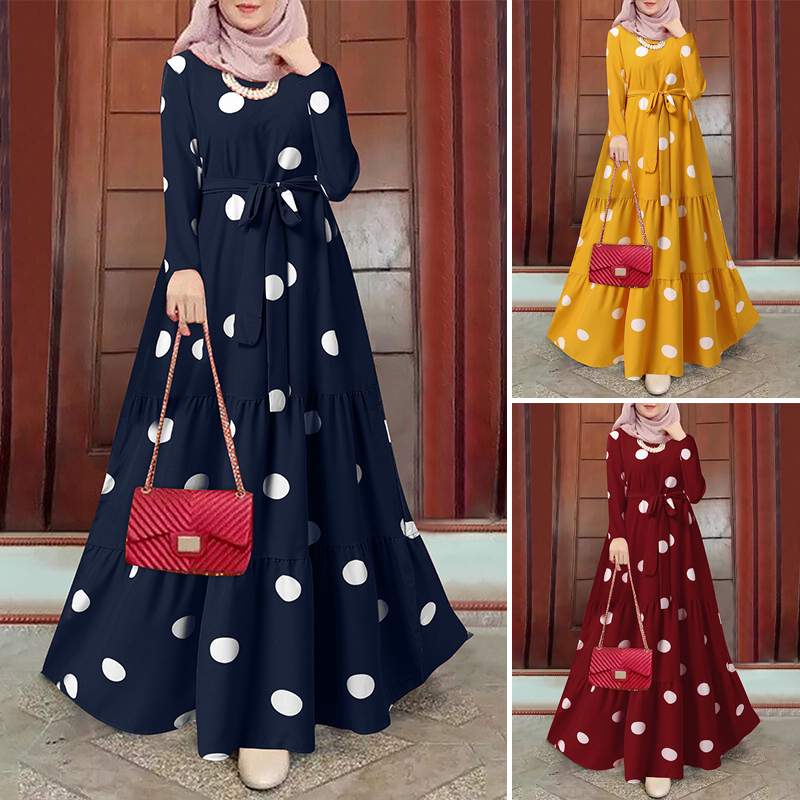 Long Sleeved Polka Dots Printed Long Dress - Panjeribakery