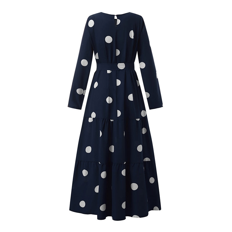 Long Sleeved Polka Dots Printed Long Dress - Panjeribakery