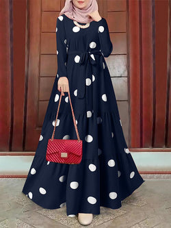 Long Sleeved Polka Dots Printed Long Dress - Panjeribakery