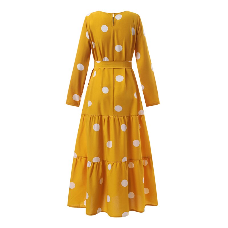 Long Sleeved Polka Dots Printed Long Dress - Panjeribakery